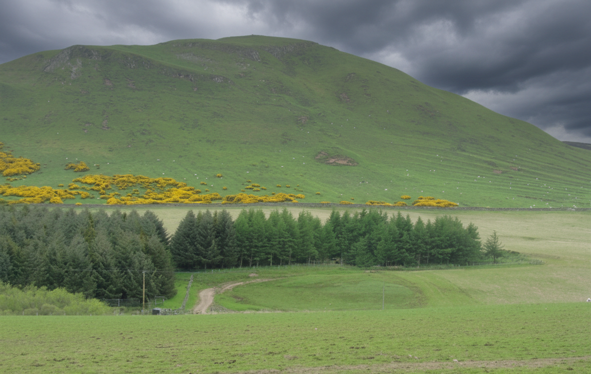 Dunsyre Hill from the valley, showing the hill rising above the fields